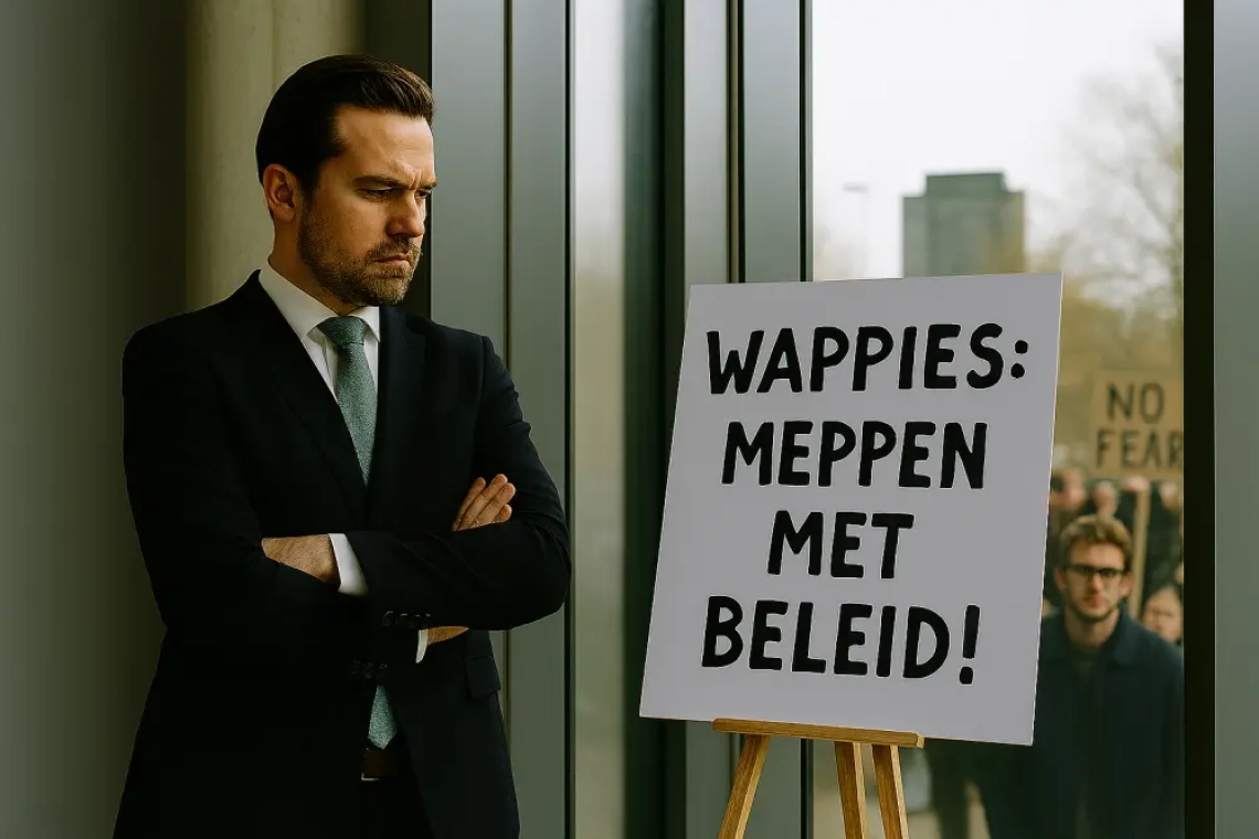 Een strak geklede politicus in een modern kantoor kijkt streng naar een protestbord met de tekst “Boer zoekt zuurstof”, terwijl op de achtergrond een gevangeniscel zichtbaar is met een klimaatactivist en een boer die elkaar verbaasd aankijken.